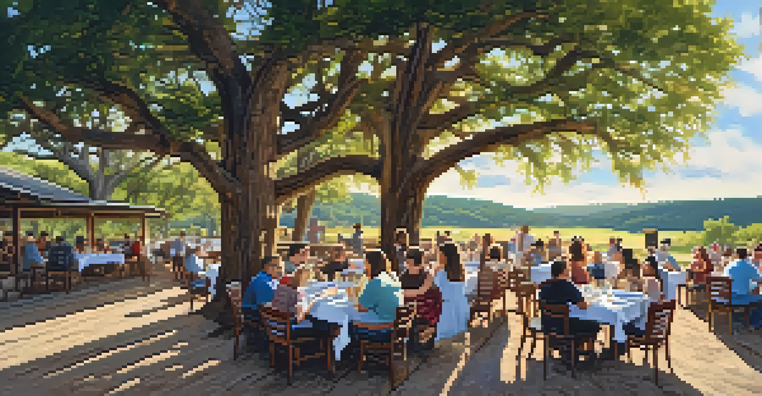 A scenic outdoor BBQ dining experience with delicious smoked meats and a beautiful natural setting in Texas Hill Country.