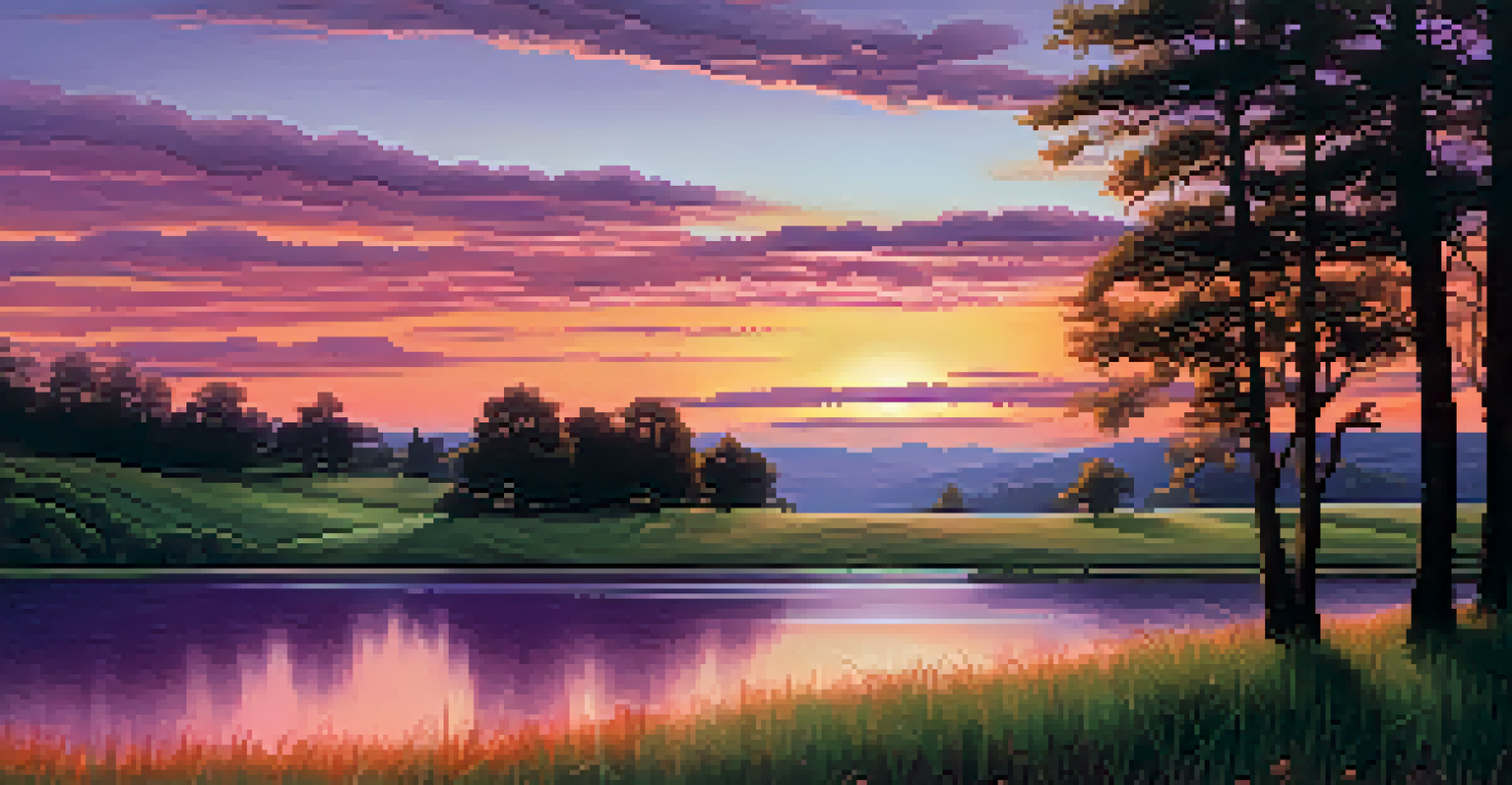 A colorful sunset over rolling hills and a still lake, with silhouetted trees in the foreground.
