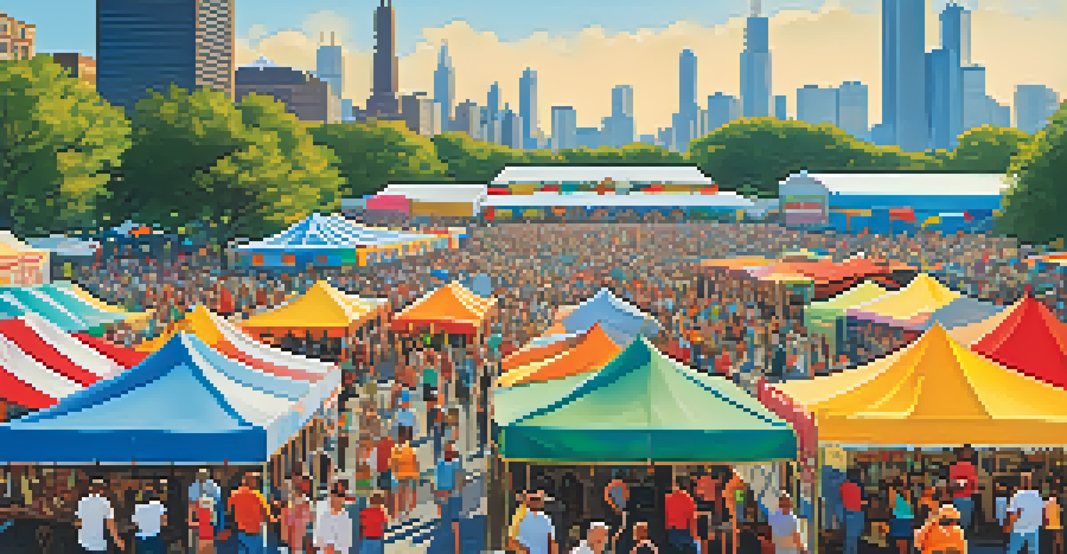 A lively outdoor festival in Chicago with colorful tents, food stalls, and people enjoying music.