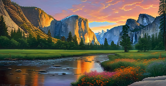 A scenic sunset view of El Capitan and Half Dome in Yosemite National Park, with colorful skies and a lush green valley.