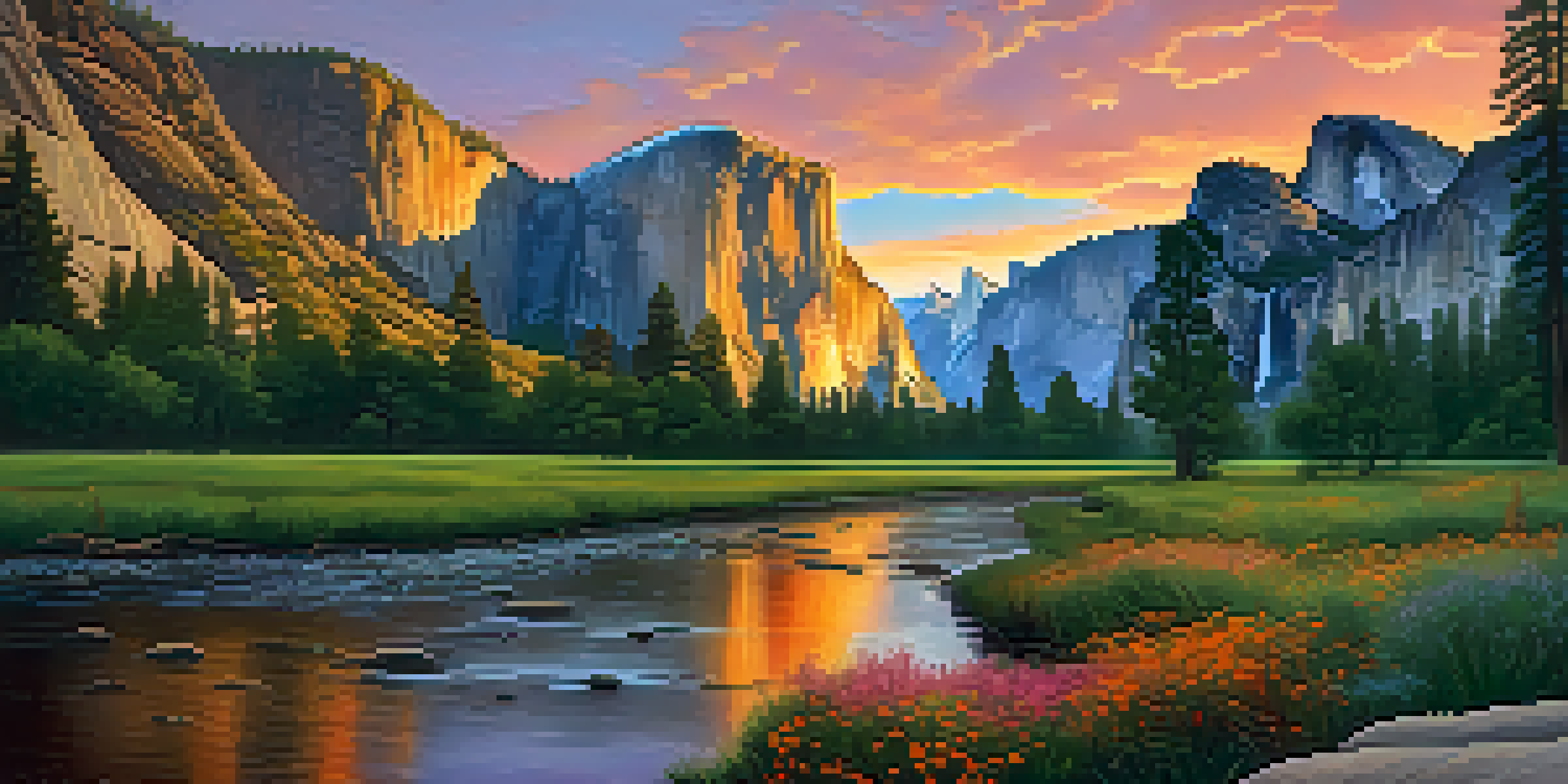 A scenic sunset view of El Capitan and Half Dome in Yosemite National Park, with colorful skies and a lush green valley.