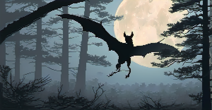 A silhouette of the Jersey Devil perched on a branch in a dark, misty Pine Barrens forest, illuminated by moonlight.