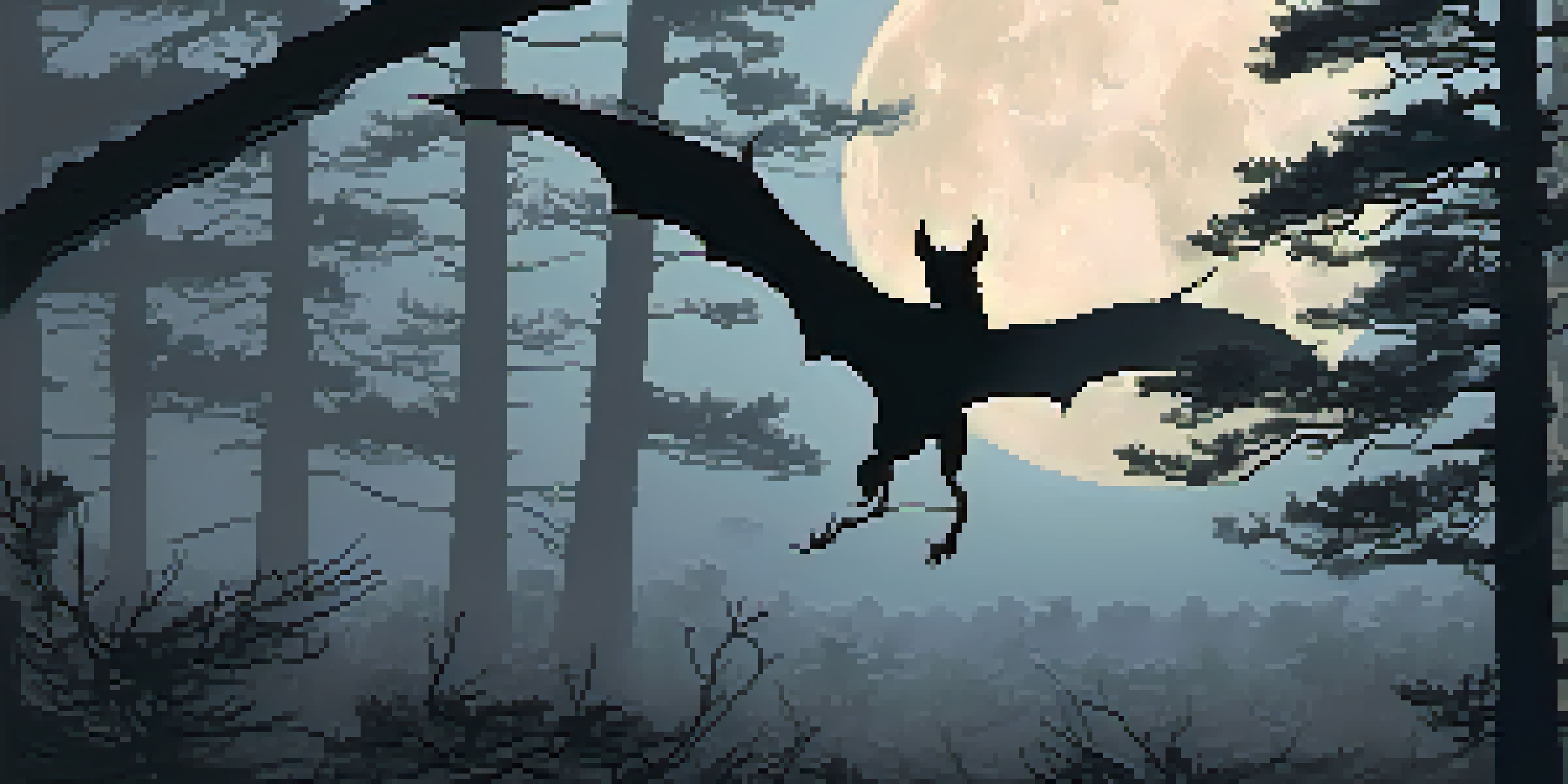 A silhouette of the Jersey Devil perched on a branch in a dark, misty Pine Barrens forest, illuminated by moonlight.