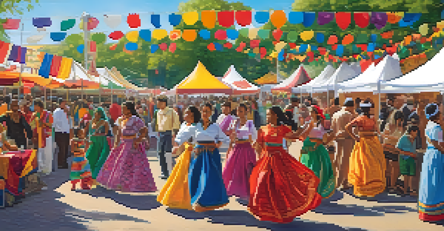 A multicultural festival with diverse cultural booths, people participating in activities, surrounded by colorful decorations and banners.