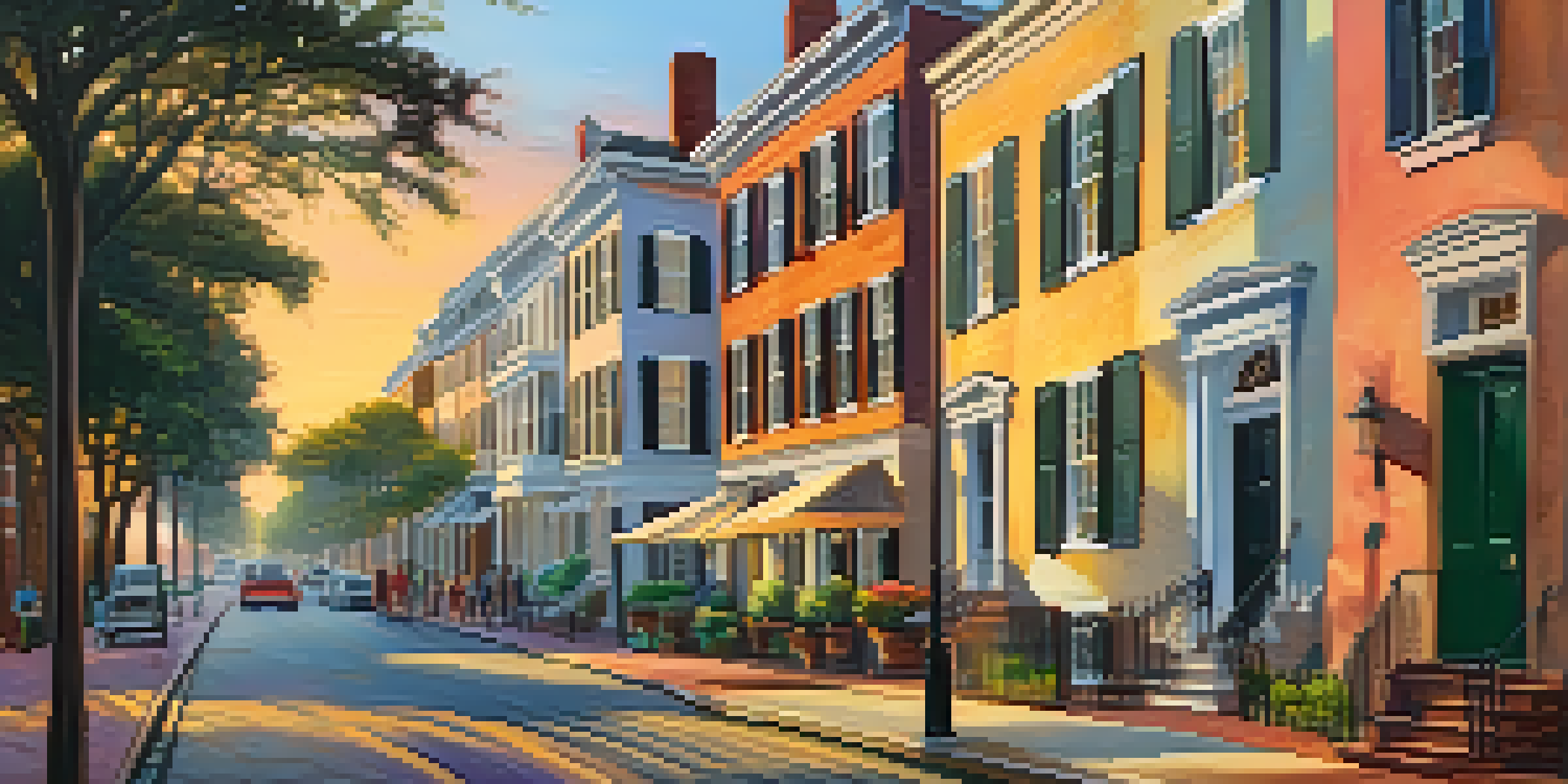 A sunset view of Charleston's Historic District with cobblestone streets and colorful historic houses, depicting a lively atmosphere.
