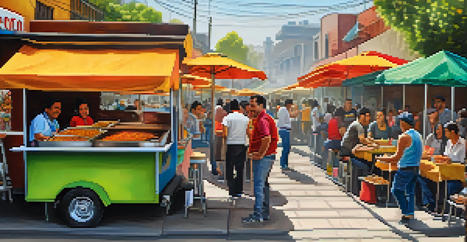 A street food market in Mexico City with taco stands, vibrant colors, and people enjoying delicious al pastor tacos.