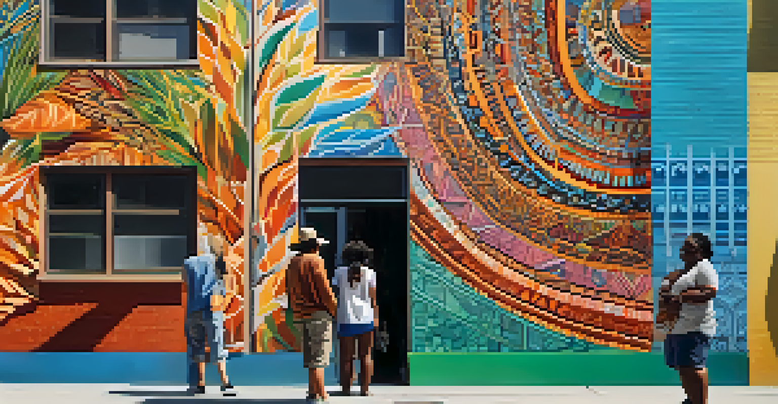 A colorful outdoor mural created by diverse artists, depicting vibrant patterns and styles, with community members admiring the artwork.