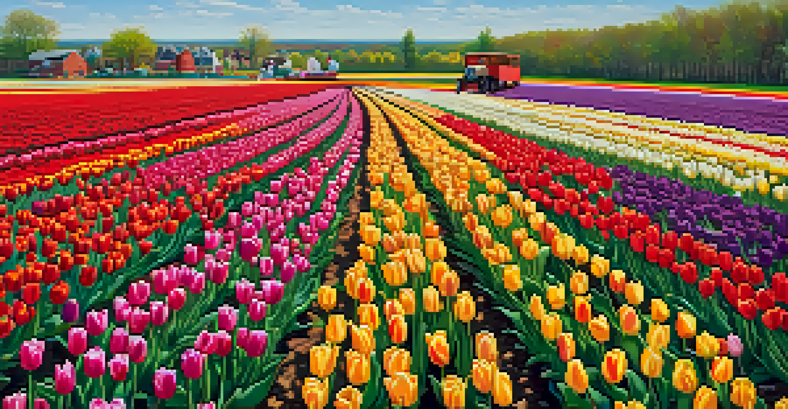 Colorful tulip fields in Holland, Michigan, with families enjoying the festival atmosphere and various tulip colors blooming under a blue sky.