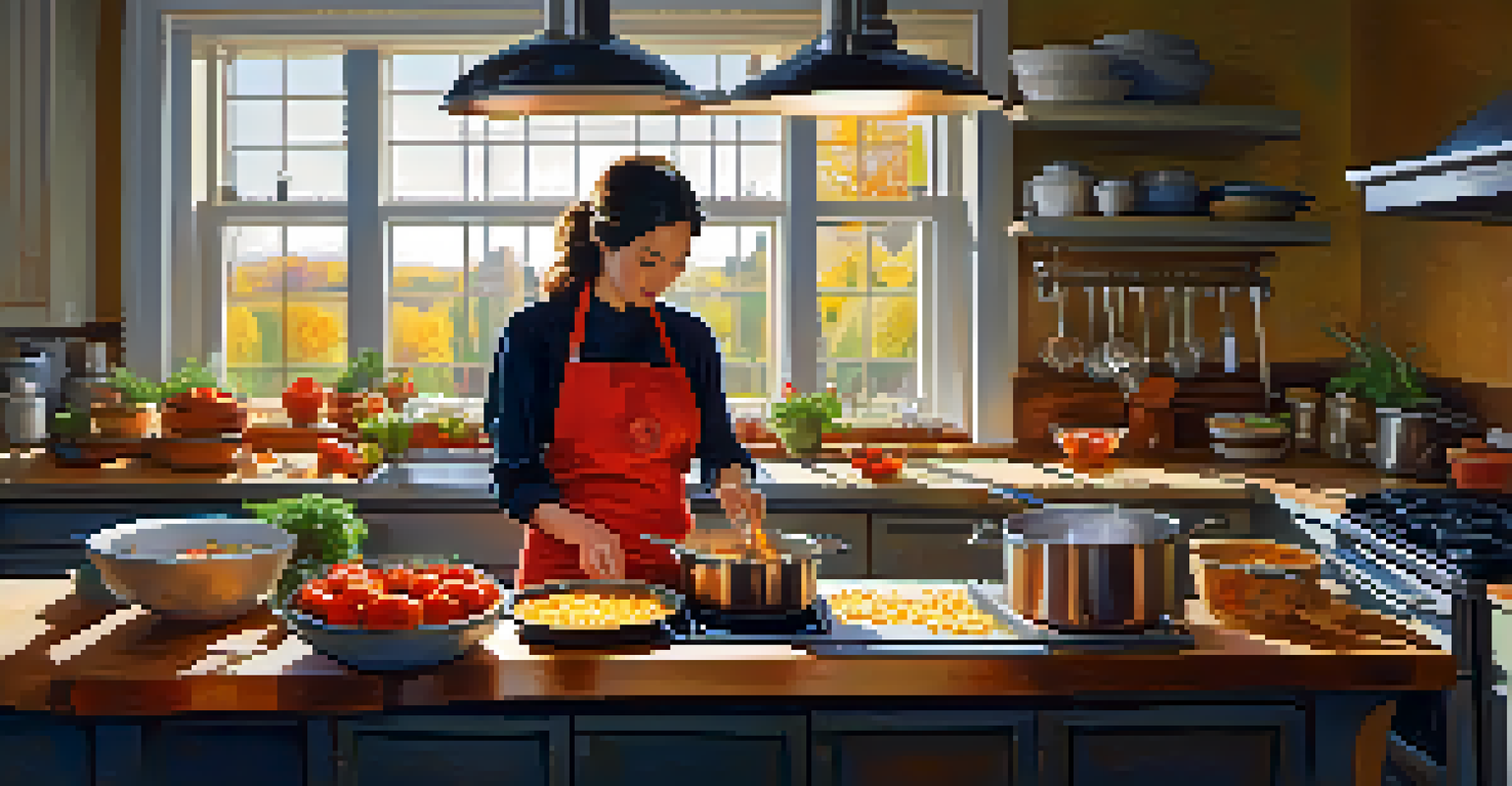 A chef in a cozy kitchen adding kimchi to mac and cheese, with fresh ingredients and warm sunlight creating an inviting atmosphere.