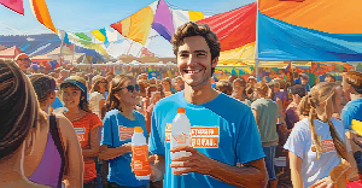 A volunteer smiling while distributing water bottles at an outdoor festival, with colorful banners and tents in the background.