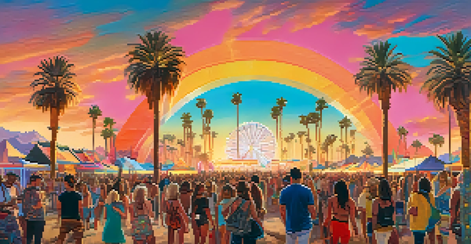 A lively festival scene with attendees in colorful outfits at Coachella, set against a beautiful desert sunset with palm trees.