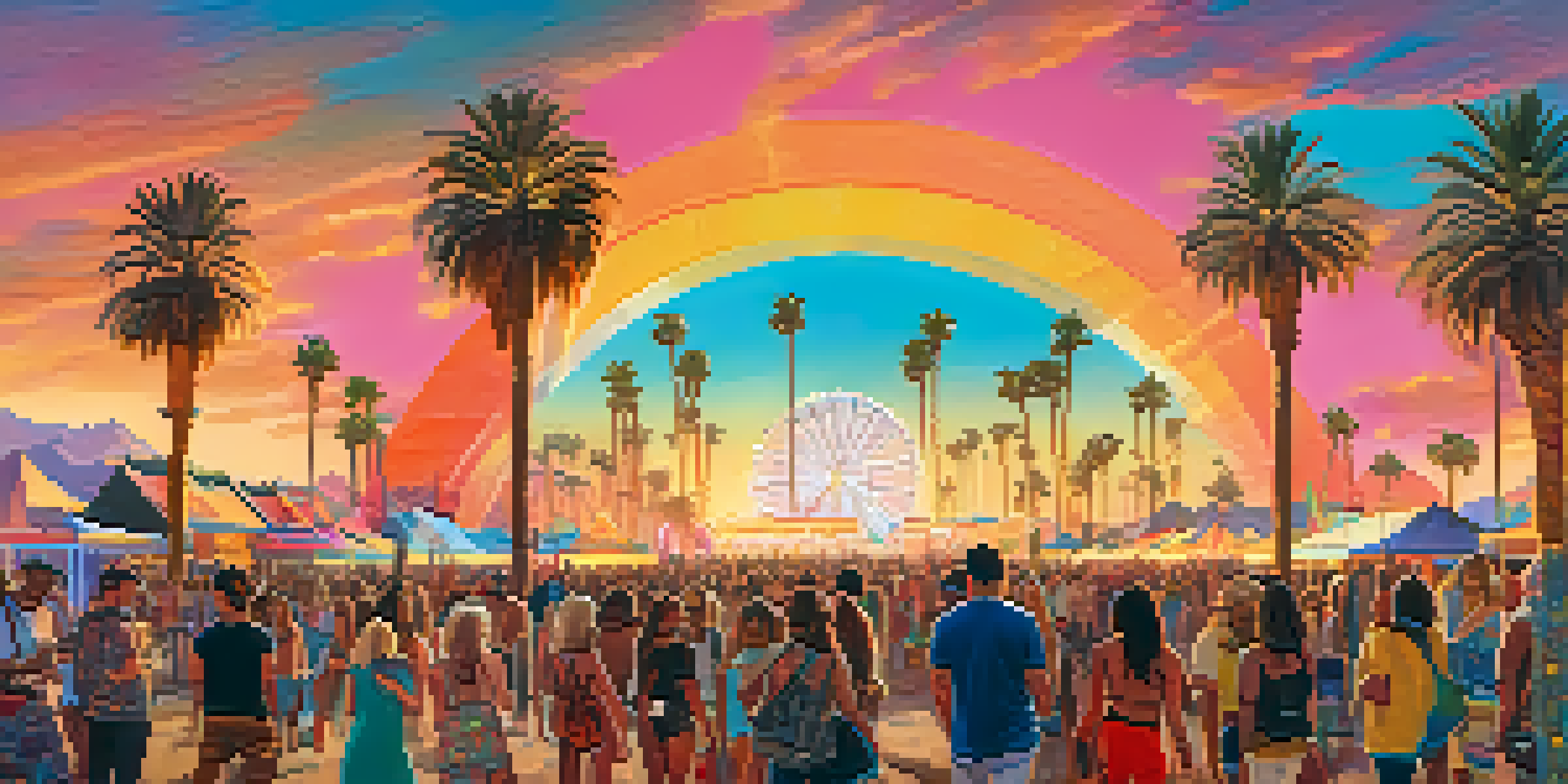 A lively festival scene with attendees in colorful outfits at Coachella, set against a beautiful desert sunset with palm trees.