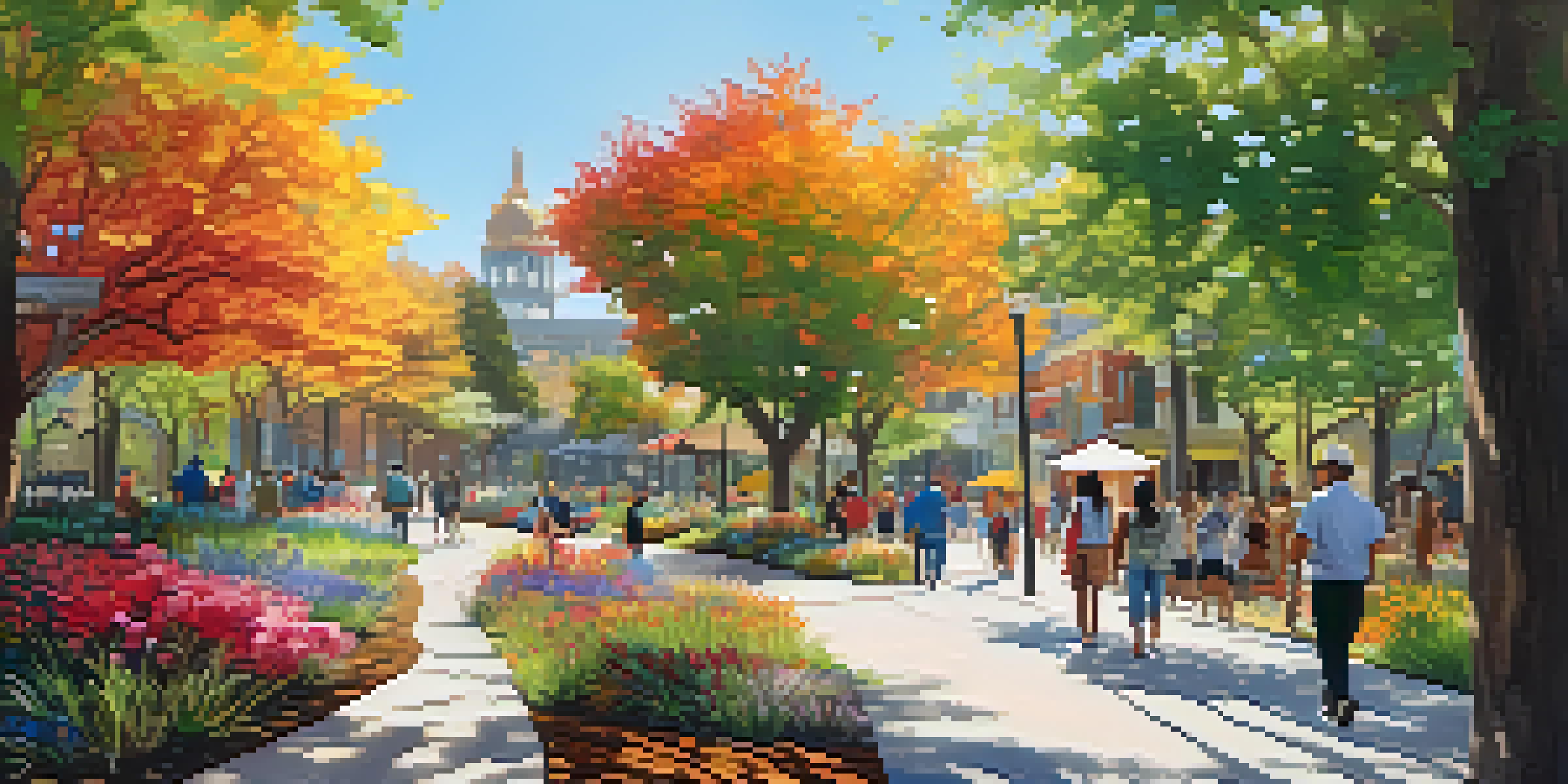 A scenic cultural trail with historical landmarks, local art, and diverse people walking together in a sunny environment.