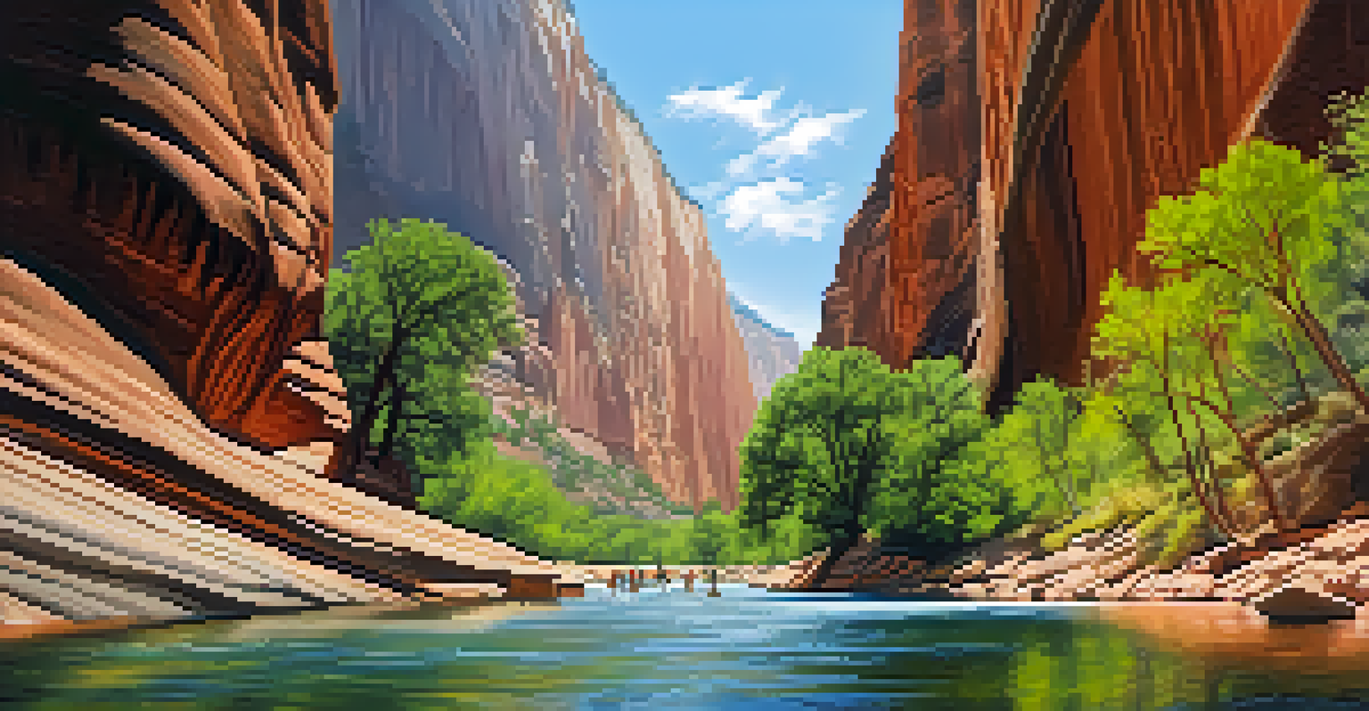 A peaceful view of the Narrows in Zion National Park, where hikers walk through a flowing river surrounded by towering red rock walls.