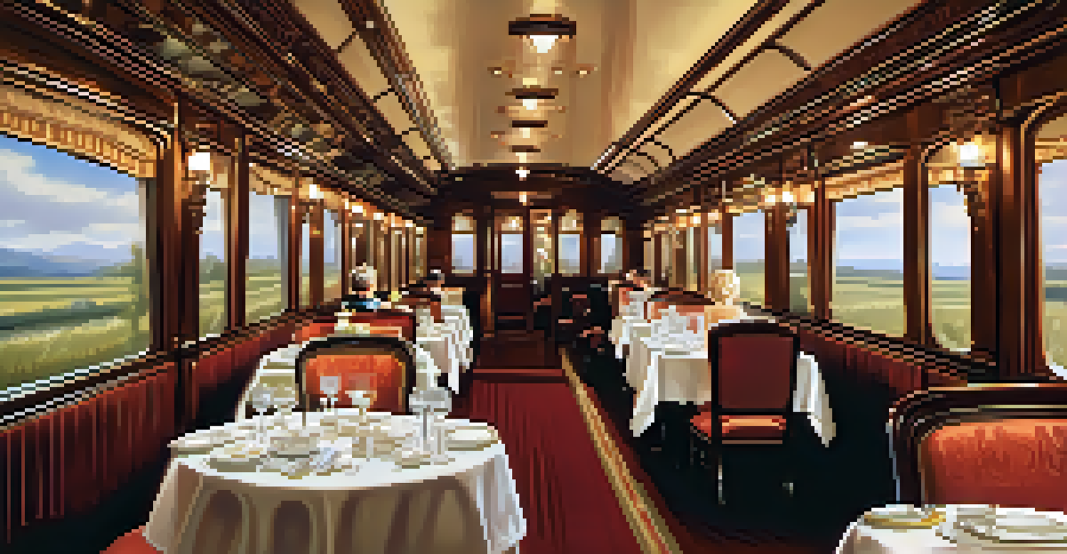 An elegant dining car interior showcasing fine dining with set tables, warm lighting, and vintage decor from the Golden Age of Railroads.
