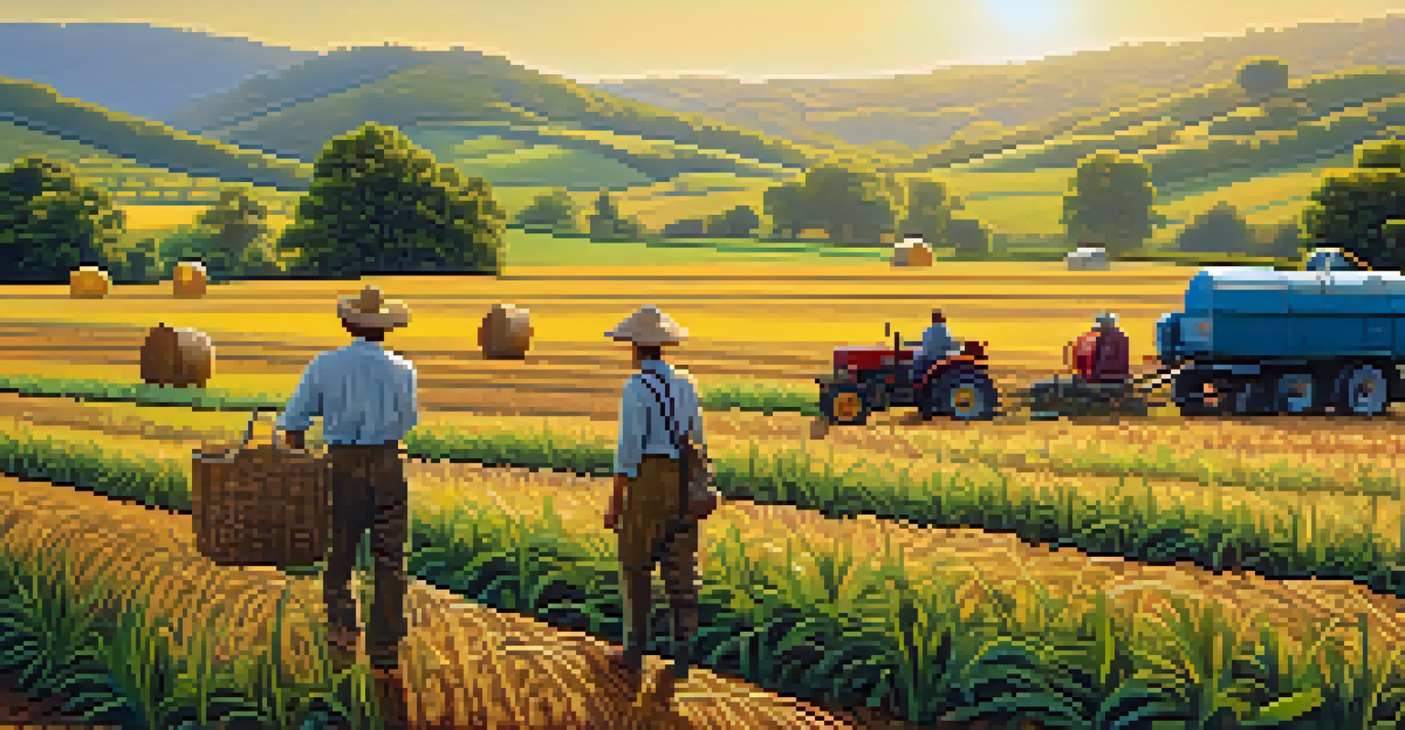A traveler collaborating with local farmers in a field, practicing sustainable farming against a scenic backdrop of hills.