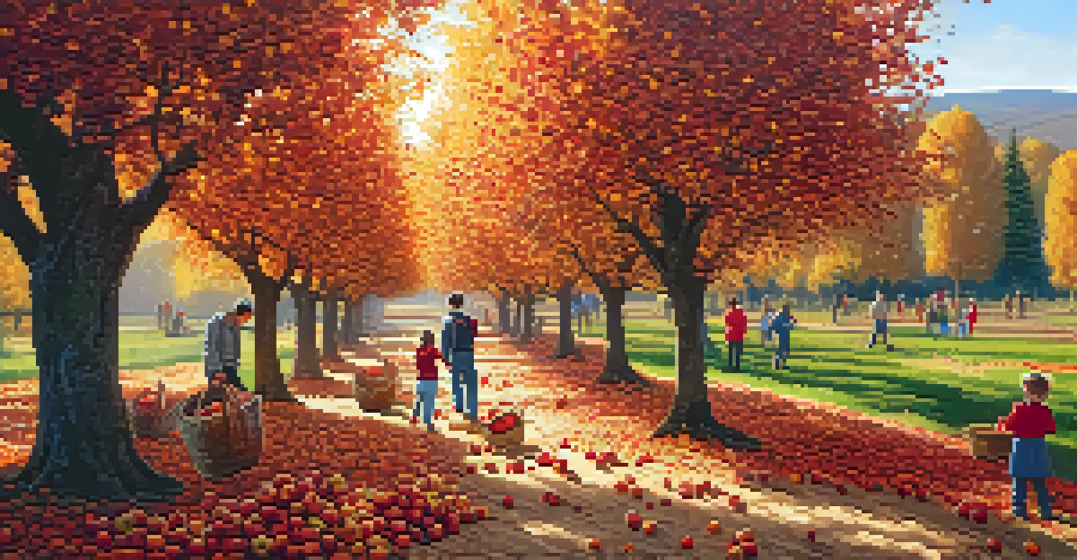 A family picking apples in a colorful orchard during autumn.