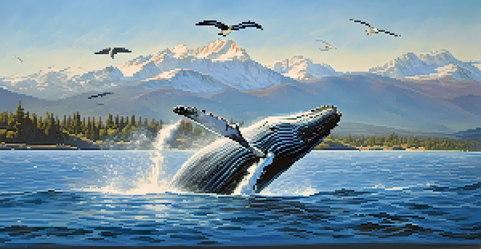A spectacular view of humpback whales jumping out of the water in a bright, sunny ocean, with mountains in the background and seagulls flying above.
