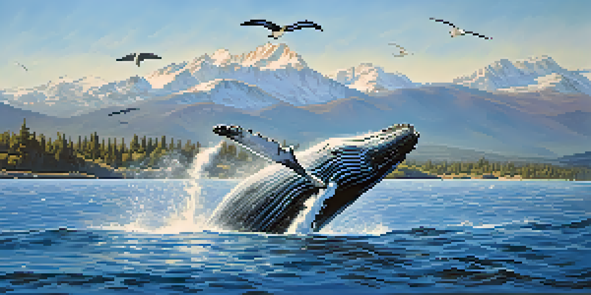 A spectacular view of humpback whales jumping out of the water in a bright, sunny ocean, with mountains in the background and seagulls flying above.