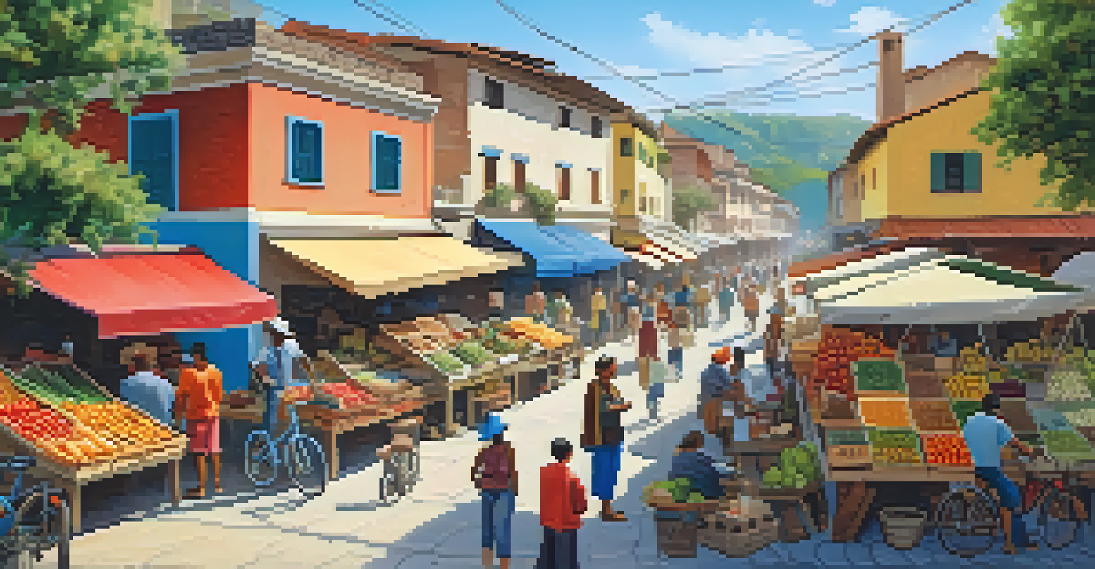 A lively local market with fresh produce and crafts, showcasing a community engaged in sustainable practices near an eco-friendly lodge.