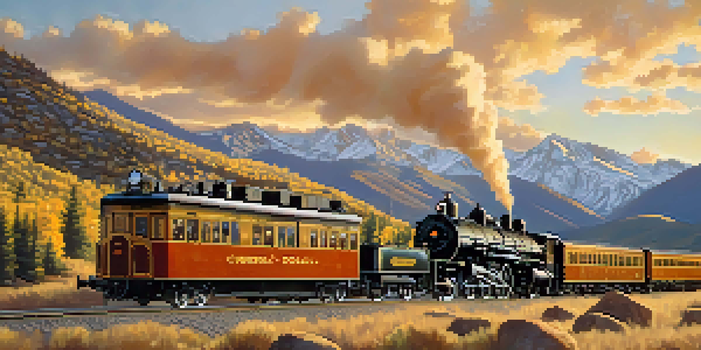 A vintage steam locomotive on a scenic railway in the Rocky Mountains, with passengers enjoying the view during sunset.