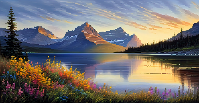 A serene lake reflecting majestic mountains at sunset, surrounded by colorful wildflowers in the foreground.