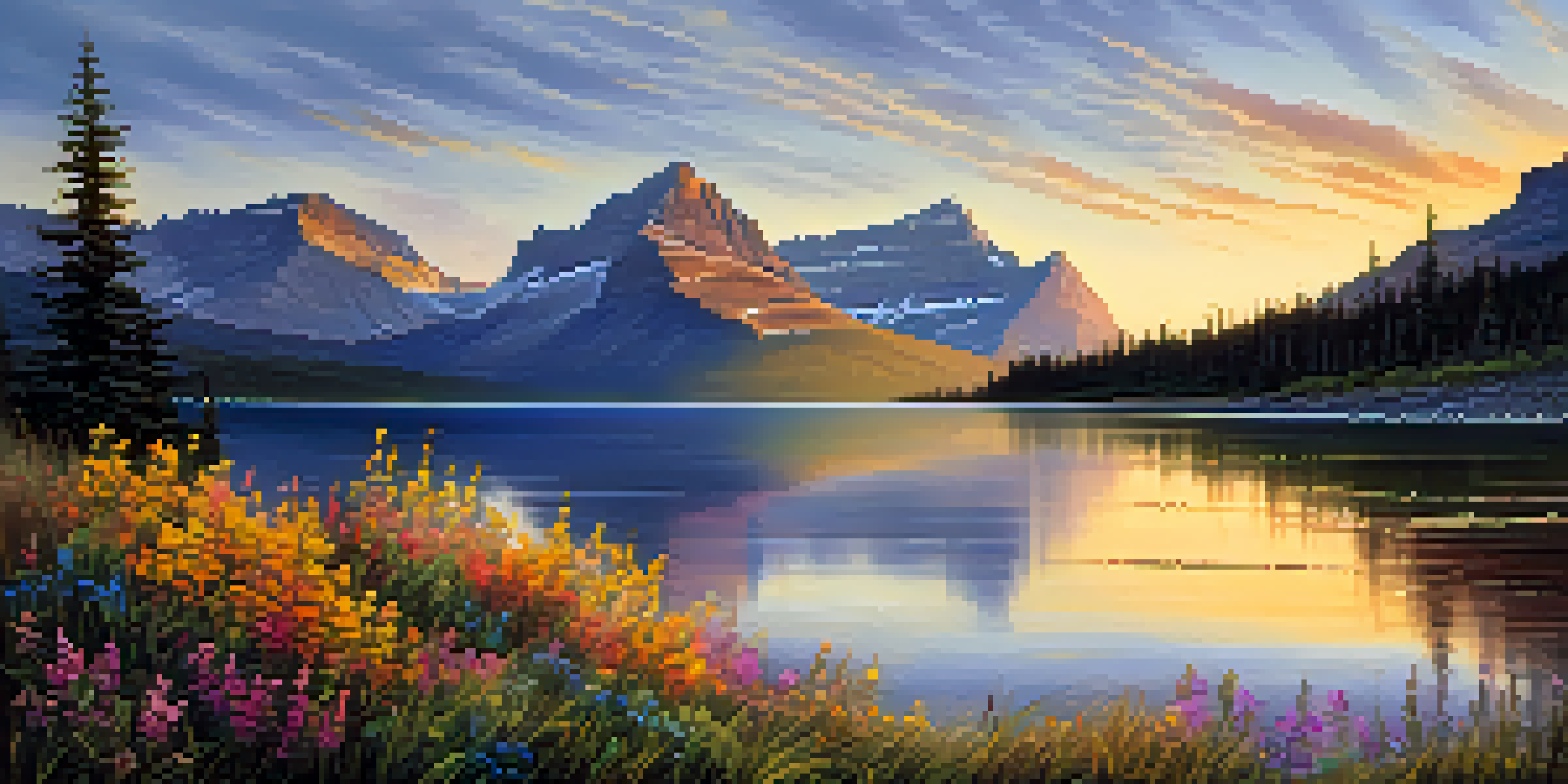 A serene lake reflecting majestic mountains at sunset, surrounded by colorful wildflowers in the foreground.