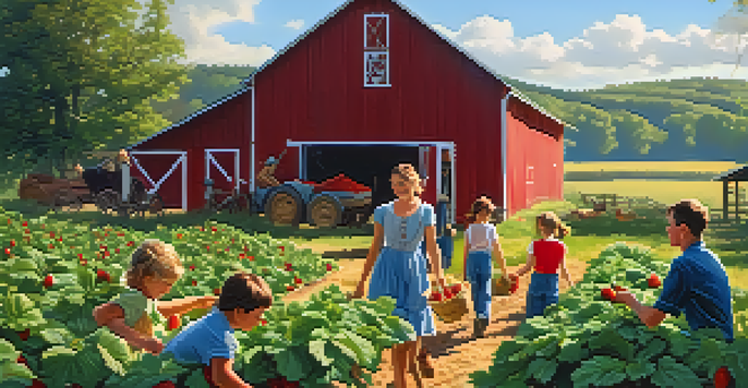 A family with children picking strawberries in a sunny field at a local farm, with a barn in the background.