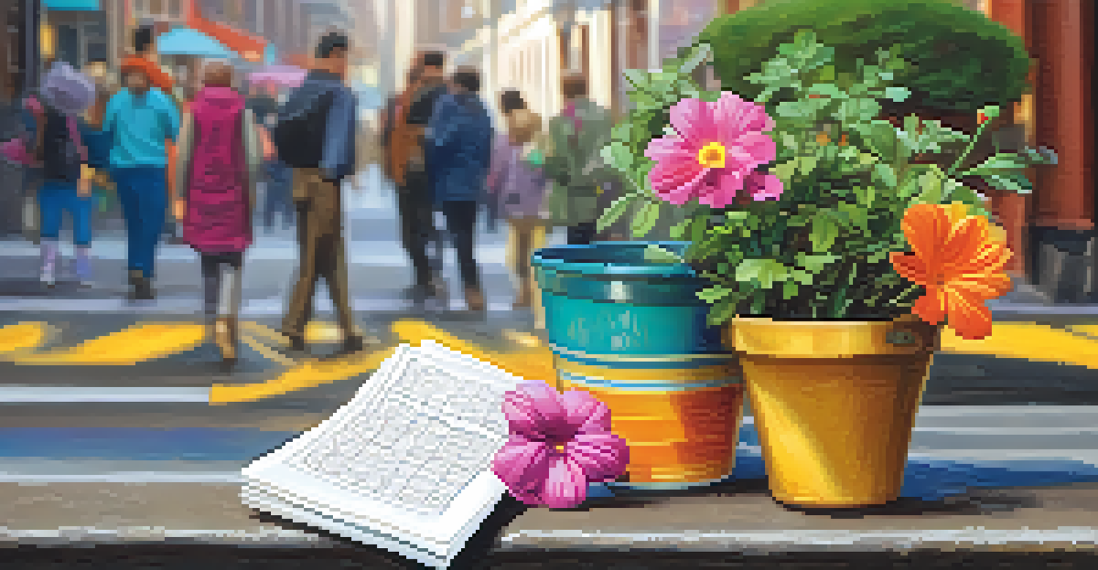 A close-up of a scavenger hunt clue hidden in a flower pot, with vibrant flowers and a blurred urban background.