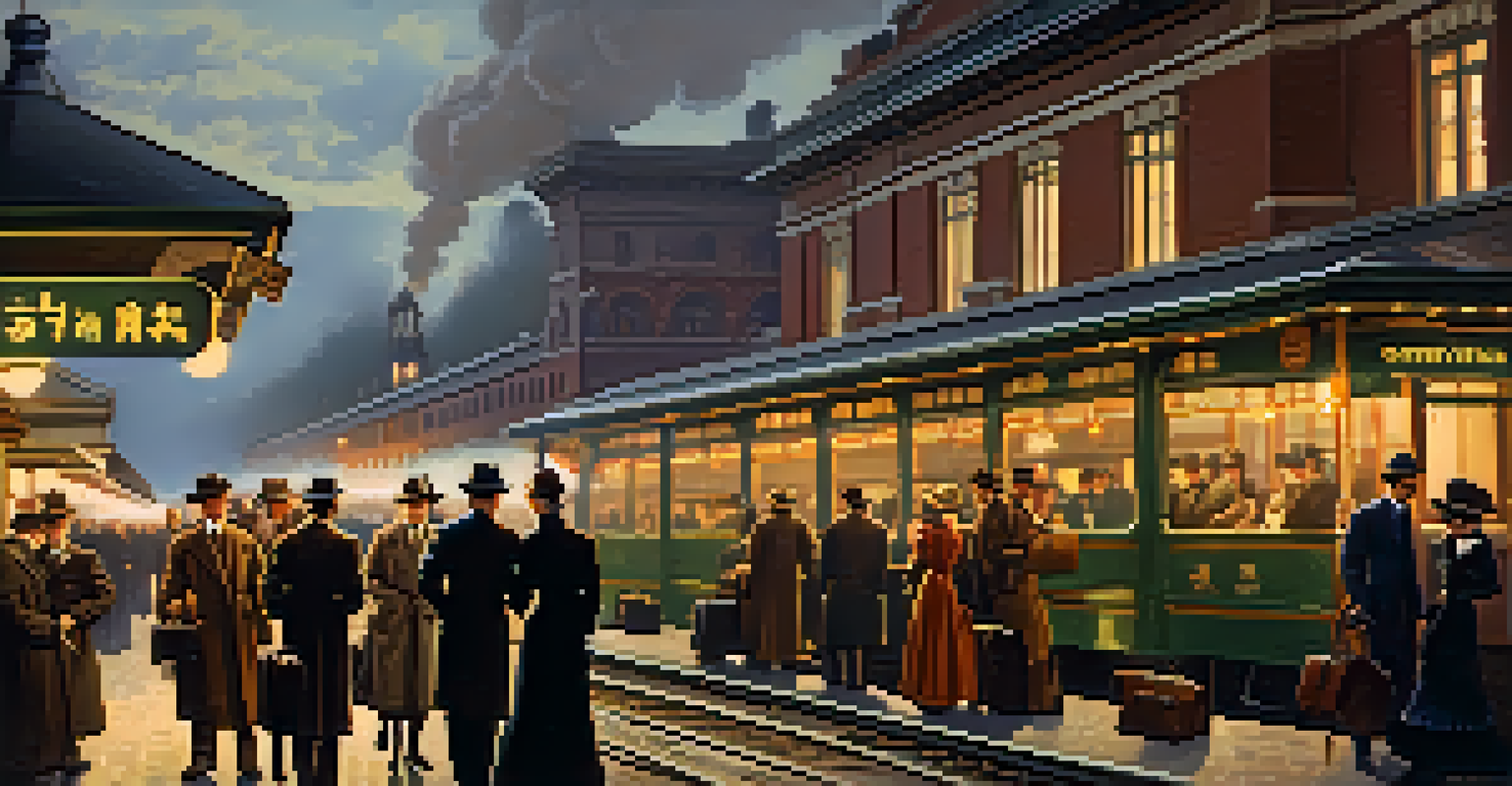 A busy early 20th-century train station with elegantly dressed passengers, vintage suitcases, and steam from a locomotive in the background.