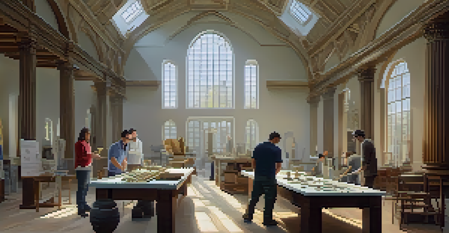 A workshop with archaeologists, architects, and technologists collaborating on heritage preservation, filled with natural light and showcasing traditional and modern materials.