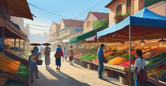 A traveler interacting with a local vendor in a colorful market filled with fresh produce and crafts.