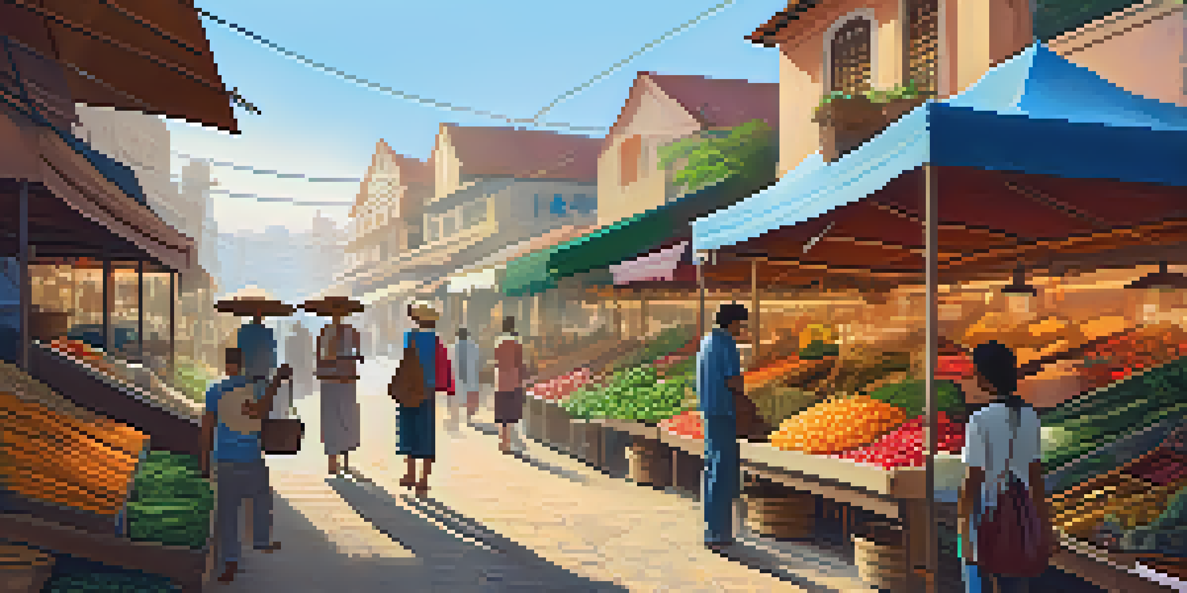A traveler interacting with a local vendor in a colorful market filled with fresh produce and crafts.