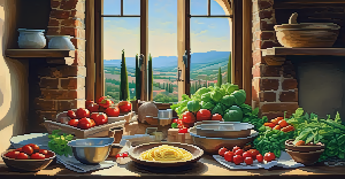 An Italian chef in a rustic kitchen preparing handmade pasta with fresh ingredients like tomatoes and basil, illuminated by warm sunlight.