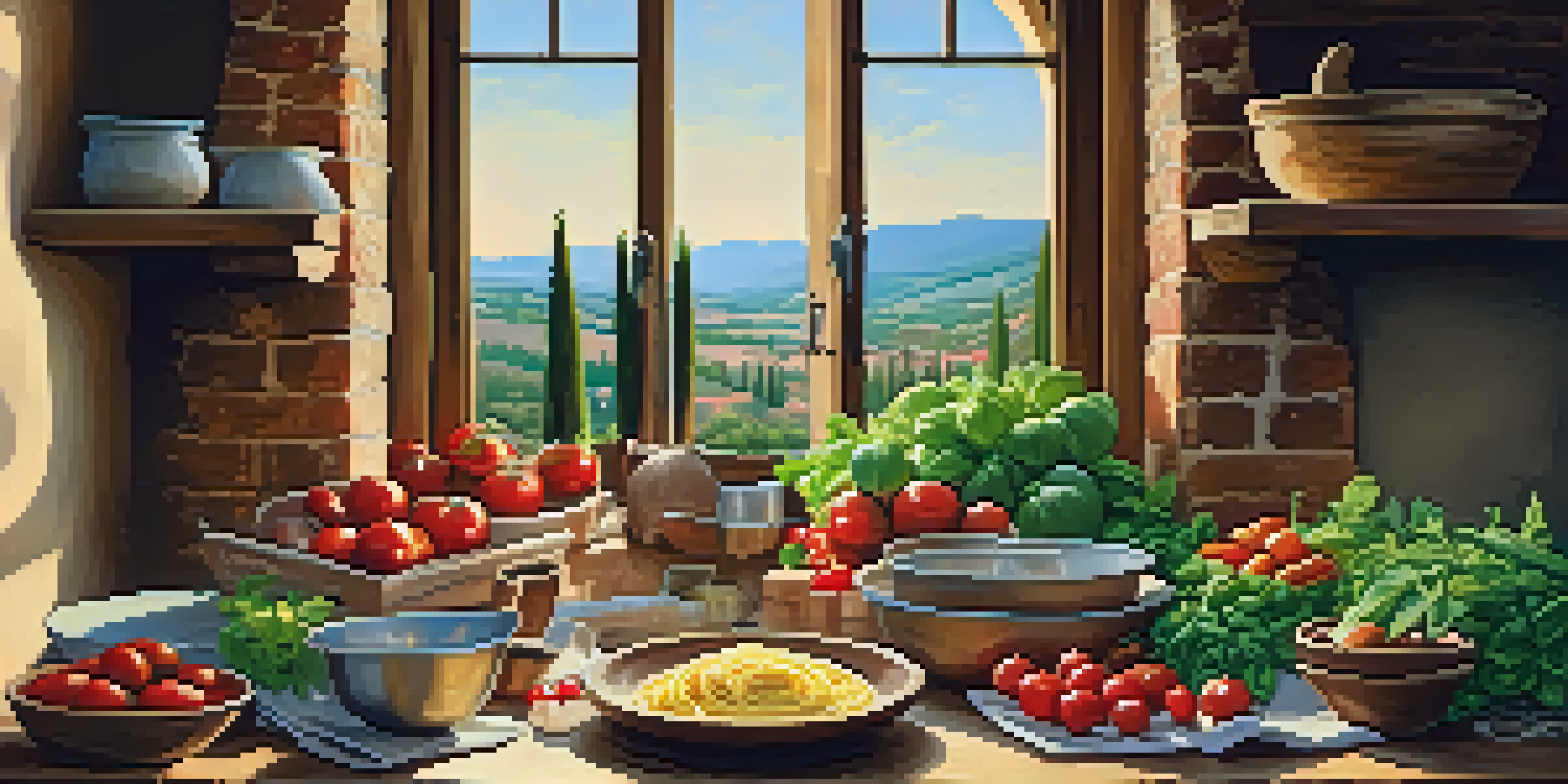 An Italian chef in a rustic kitchen preparing handmade pasta with fresh ingredients like tomatoes and basil, illuminated by warm sunlight.