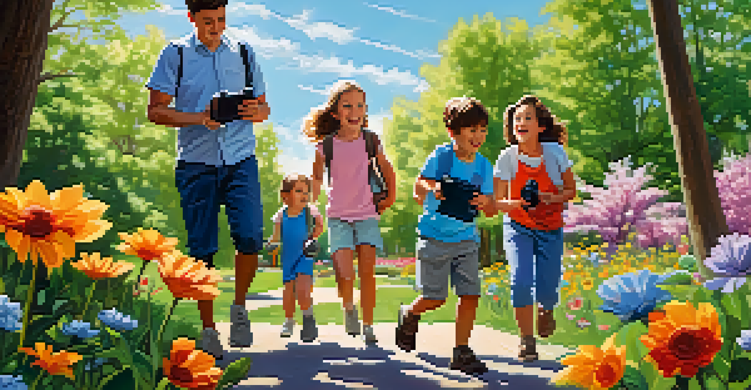 A family engaged in a scavenger hunt in a park, smiling and taking photos with blooming flowers around them.