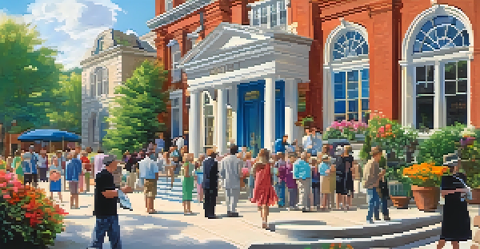 A welcoming view of the City Historical Society building surrounded by greenery and flowers, with visitors entering and a historic plaque in front.
