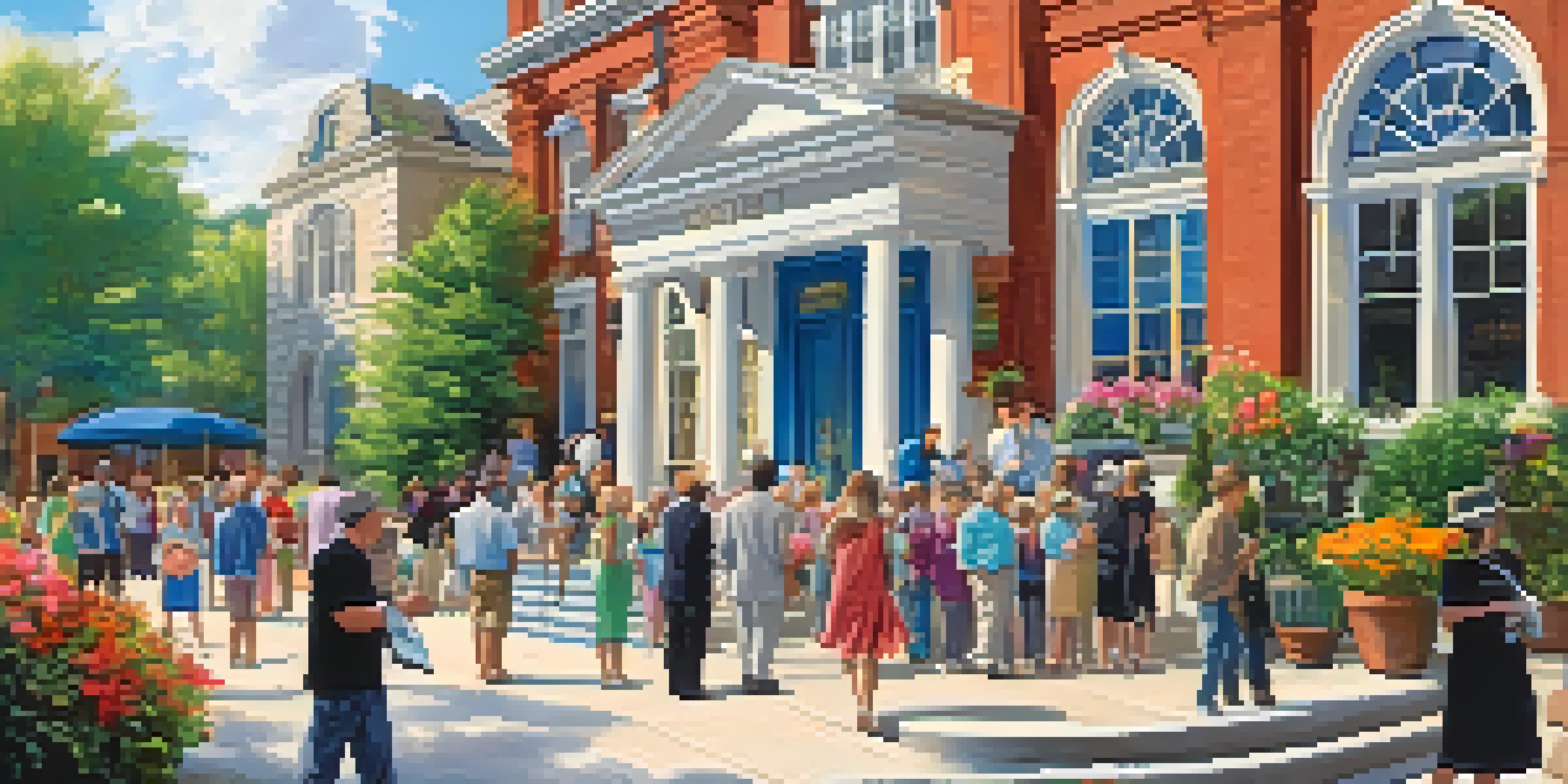 A welcoming view of the City Historical Society building surrounded by greenery and flowers, with visitors entering and a historic plaque in front.