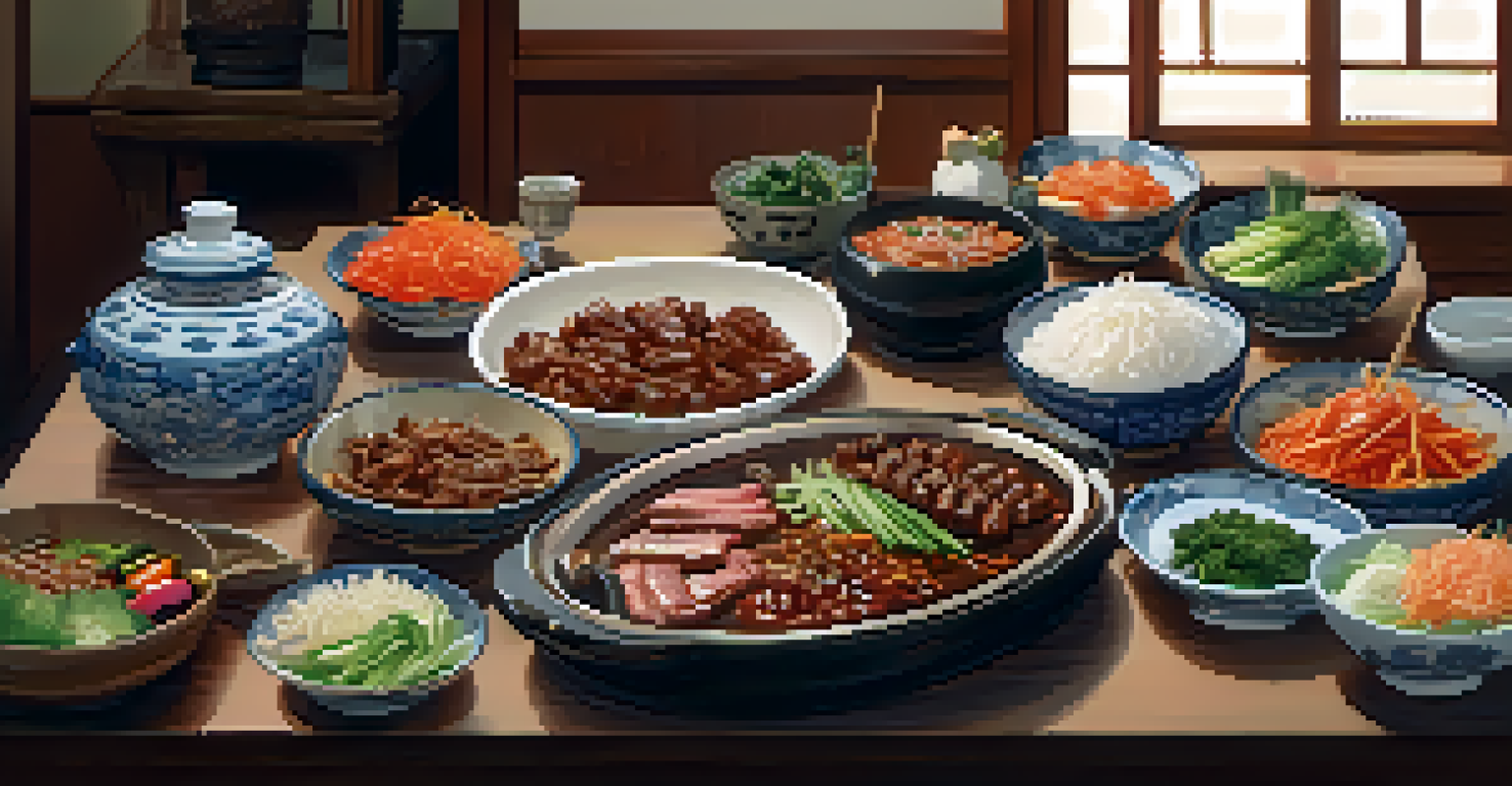 A table set for a Korean barbecue with marinated bulgogi and side dishes, creating a warm dining atmosphere.