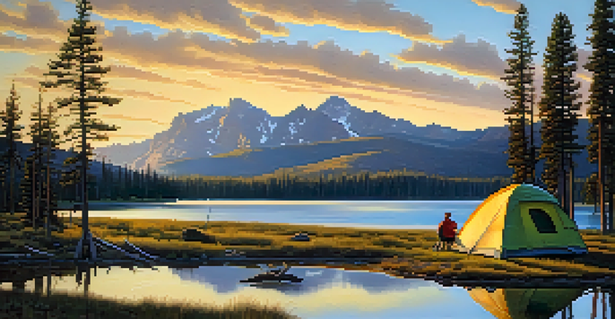 A family setting up a tent by a calm lake in Yellowstone National Park, with mountains and a colorful sunset in the background.