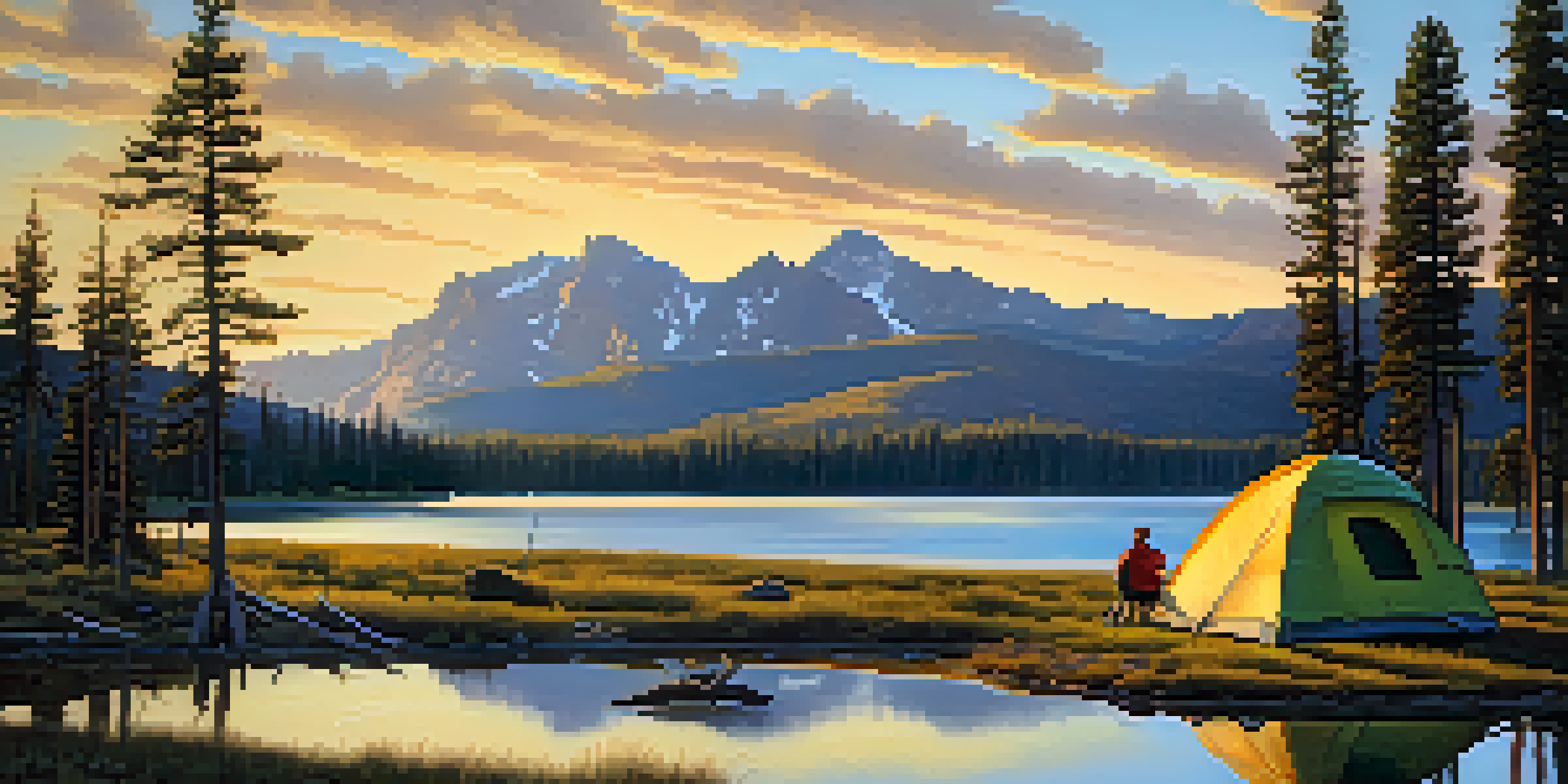 A family setting up a tent by a calm lake in Yellowstone National Park, with mountains and a colorful sunset in the background.