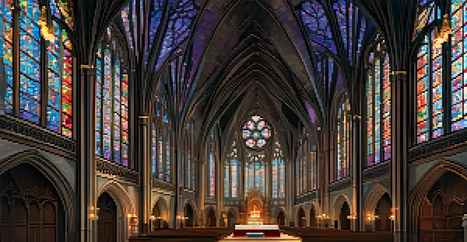 The interior of a Gothic Revival cathedral with stained glass windows and ornate stonework, creating a spiritual atmosphere.
