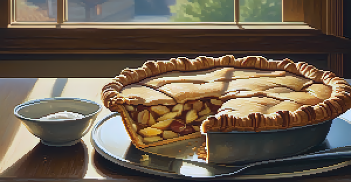 A freshly baked apple pie on a wooden table, with a scoop of vanilla ice cream and cinnamon sprinkled around.