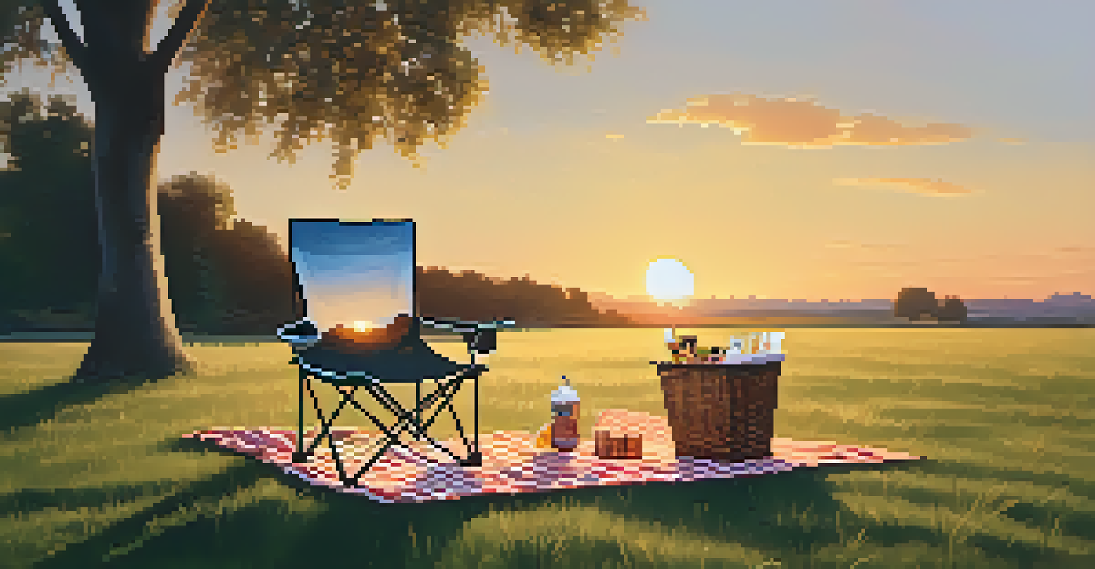 A folding chair and picnic blanket set up for an outdoor movie night, with snacks and drinks nearby under a sunset sky.