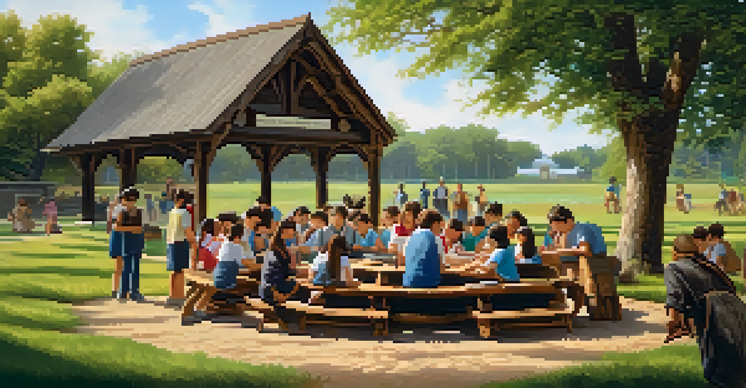 Students interacting with a historical artifact in a heritage park, with a guide explaining its significance, set in a beautiful outdoor environment.