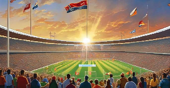 A lively sports stadium filled with enthusiastic fans in team colors, under a beautiful sunset sky.