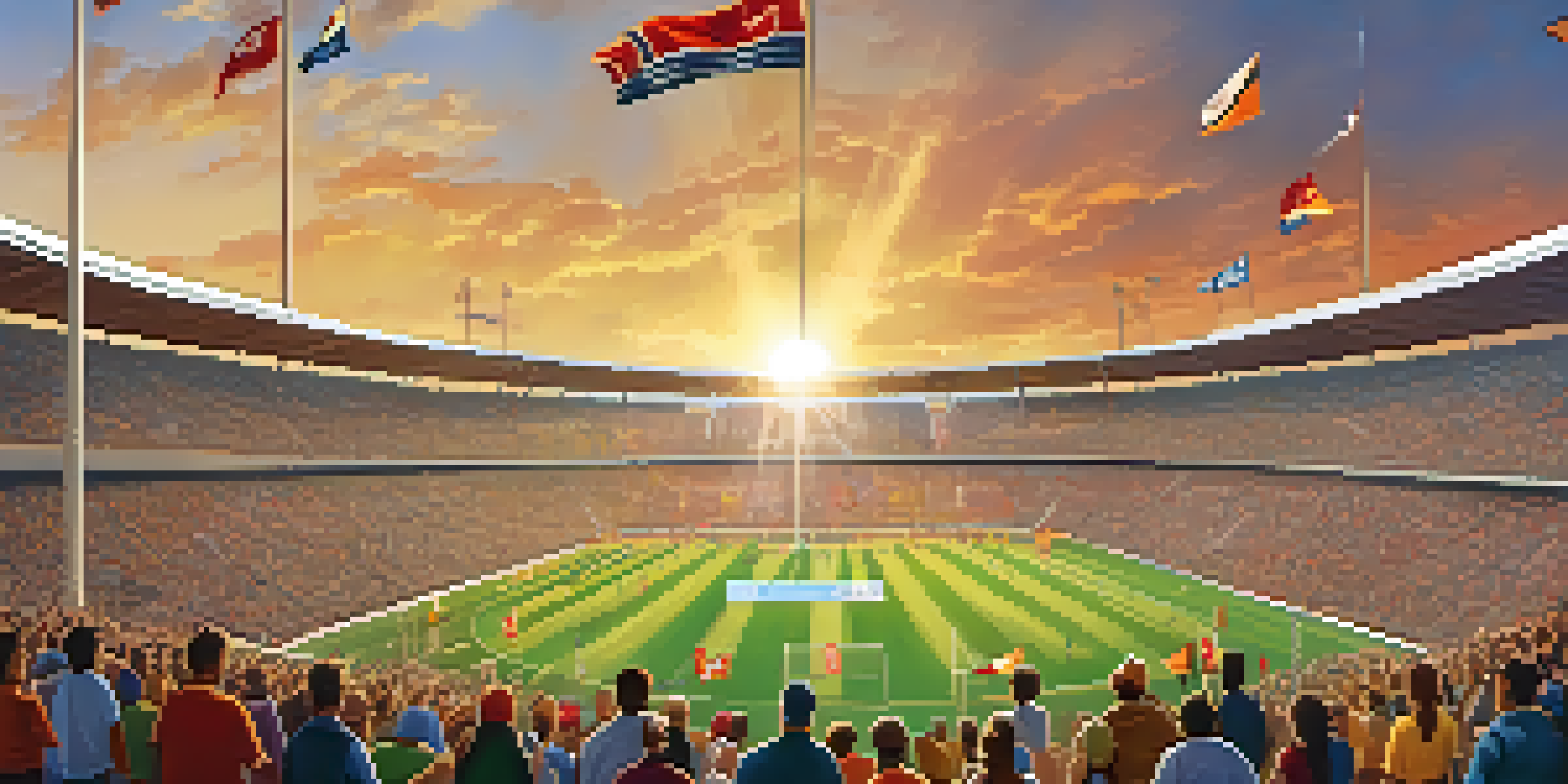 A lively sports stadium filled with enthusiastic fans in team colors, under a beautiful sunset sky.