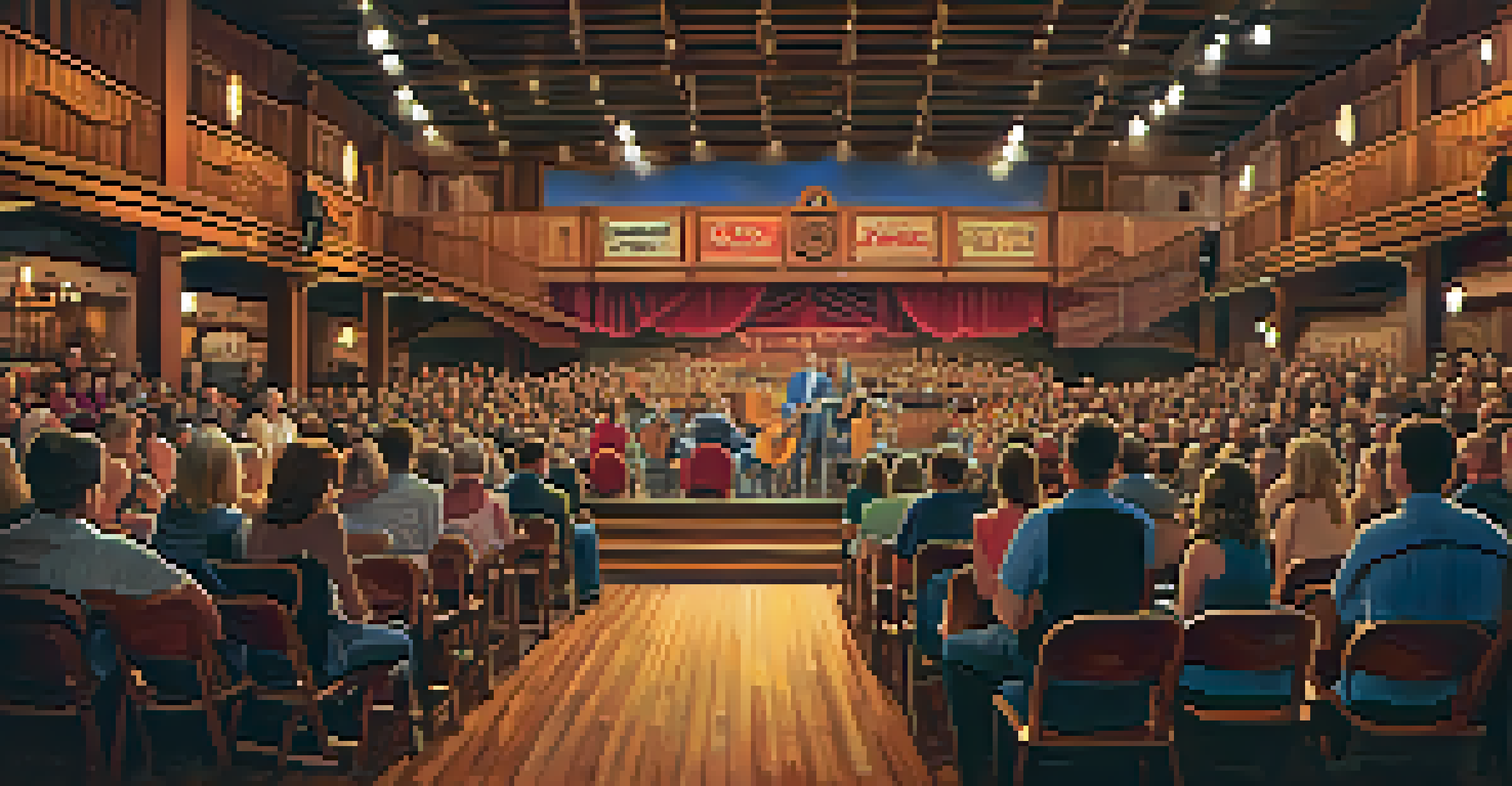 The interior of the Grand Ole Opry with a stage and audience, illuminated by warm lights.