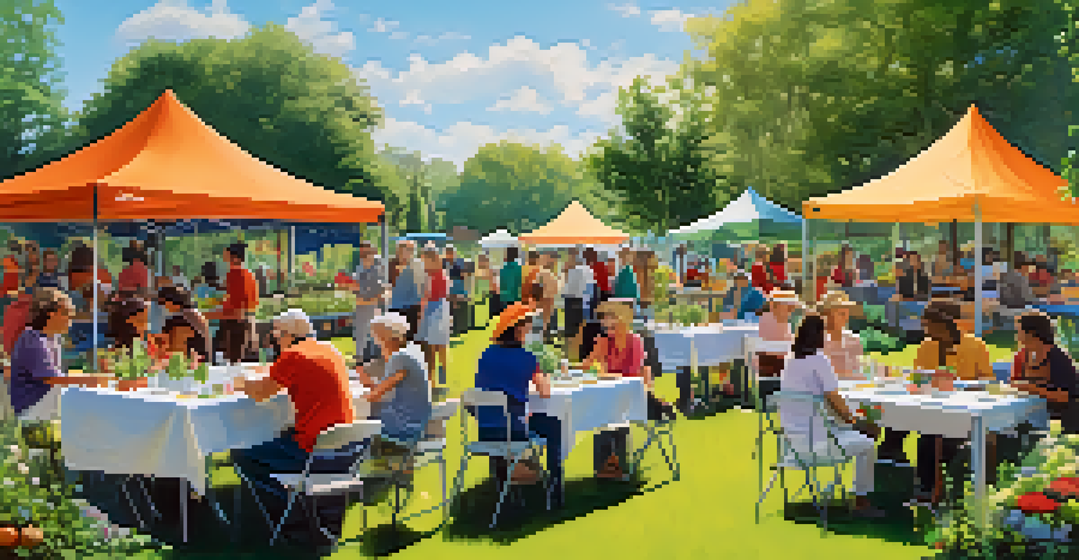 A lively gardening workshop in a botanical garden with diverse participants and colorful tents under a blue sky.