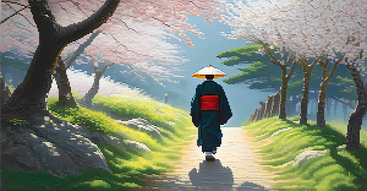 A peaceful forest path of the Shikoku Pilgrimage, lined with cherry blossom trees and a lone pilgrim in traditional clothing.